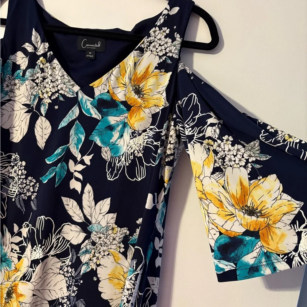 Connected Apparel Floral Asymmetrical Dress in Yellow and Teal - Picture 2 of 4